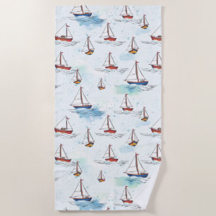 Serene Blue Red Sailing Boats on Sea Pattern Beach Towel