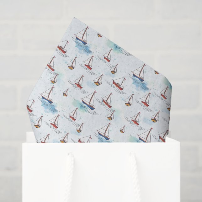 Serene Blue Red Sailing Boats on Sea Pattern Tissue Paper (Gift Bag)