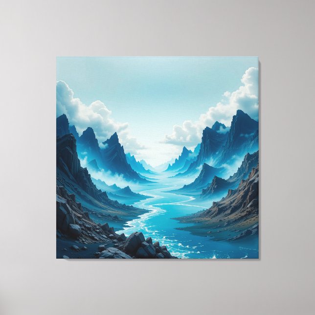 Serene Blue River Flowing Amidst Dramatic Mountain Canvas Print (Front)