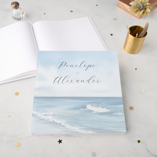 Serene Blue Watercolor Beach Waves Guest Book (Front Open)
