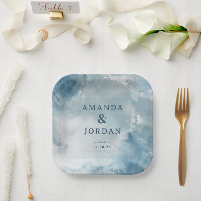 Serene Blue Watercolor Paper Plate (Wedding)