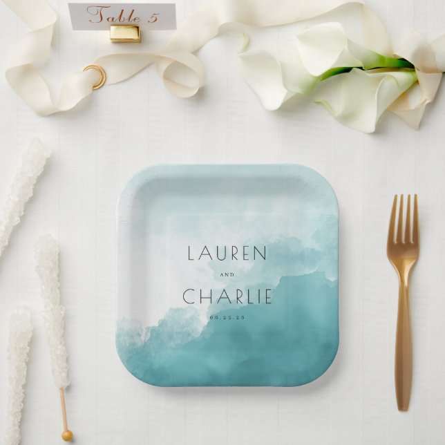 Serene Blue Watercolor Paper Plate (Wedding)