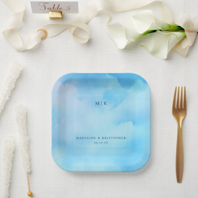 Serene Blue Watercolor Sky Paper Plate (Wedding)