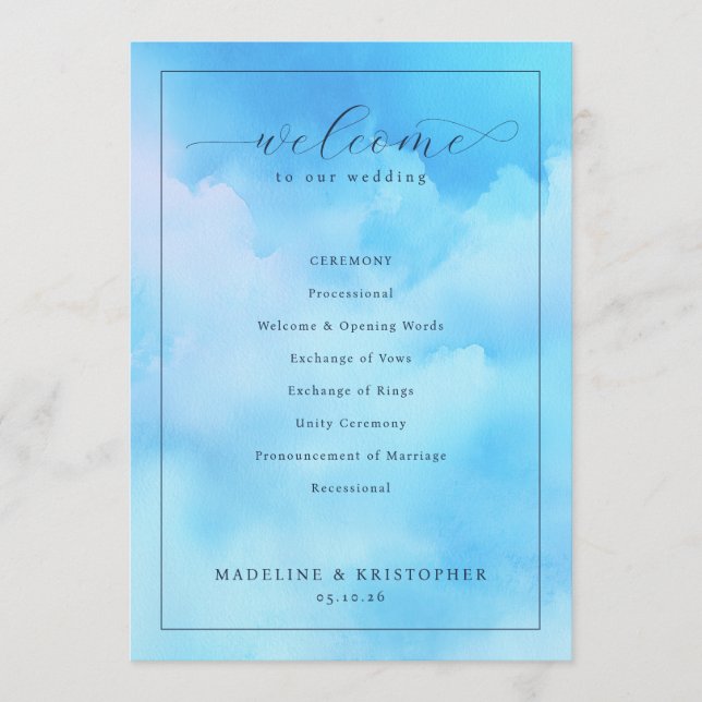 Serene Blue Watercolor Wedding Ceremony Programme (Front)