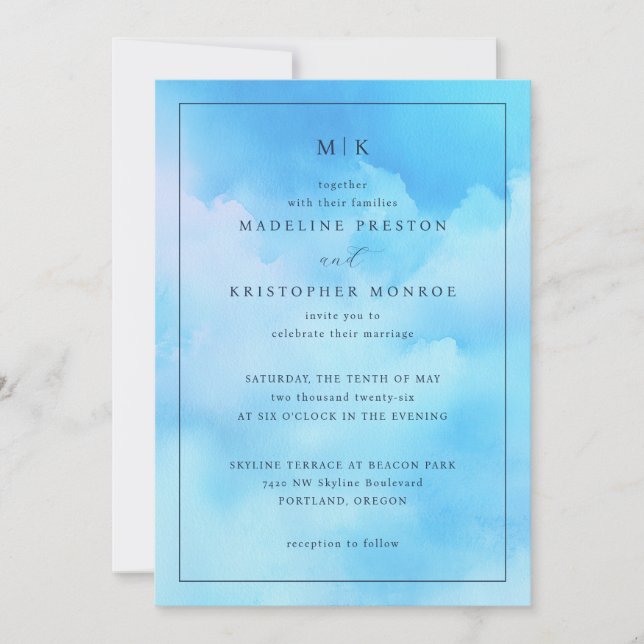 Serene Blue Watercolor Wedding Invitation (Front)