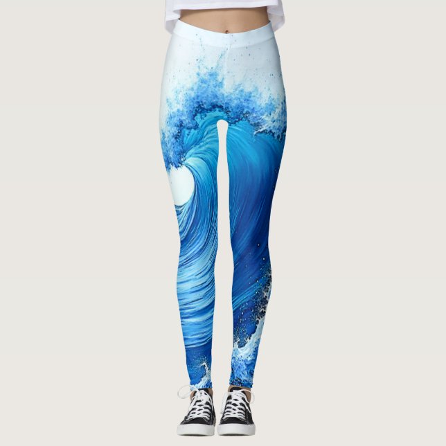 Serene Blue Wave Splashes Leggings (Front)