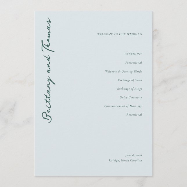 Serene Blue Wedding Ceremony Program Programme (Front)