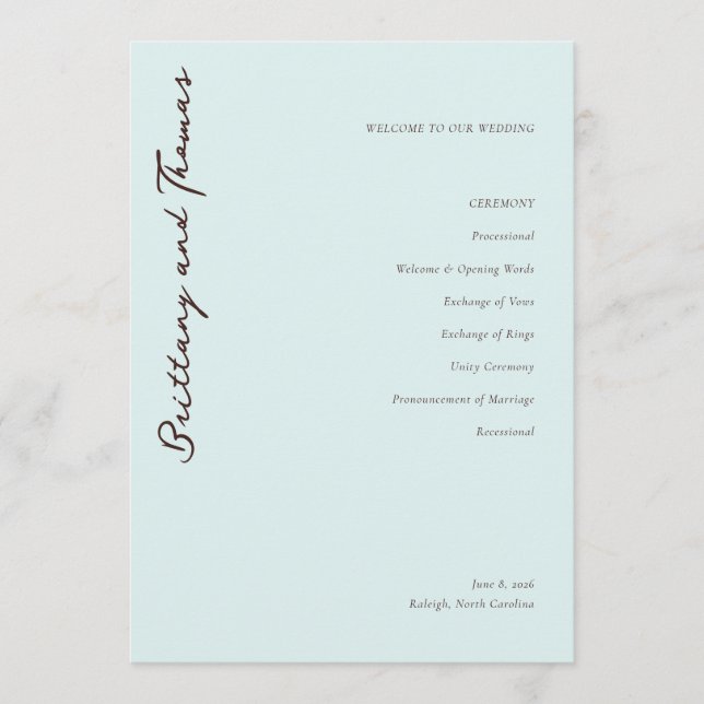 Serene Blue Wedding Ceremony Programme (Front)