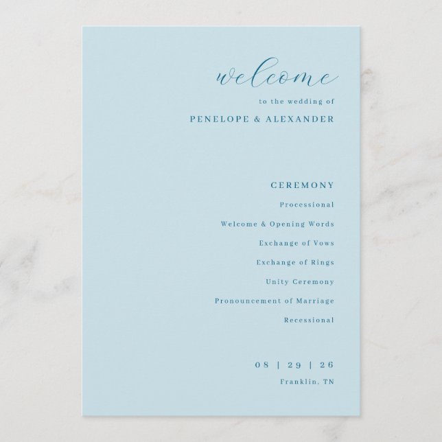 Serene Blue Wedding Ceremony Schedule Programme (Front)