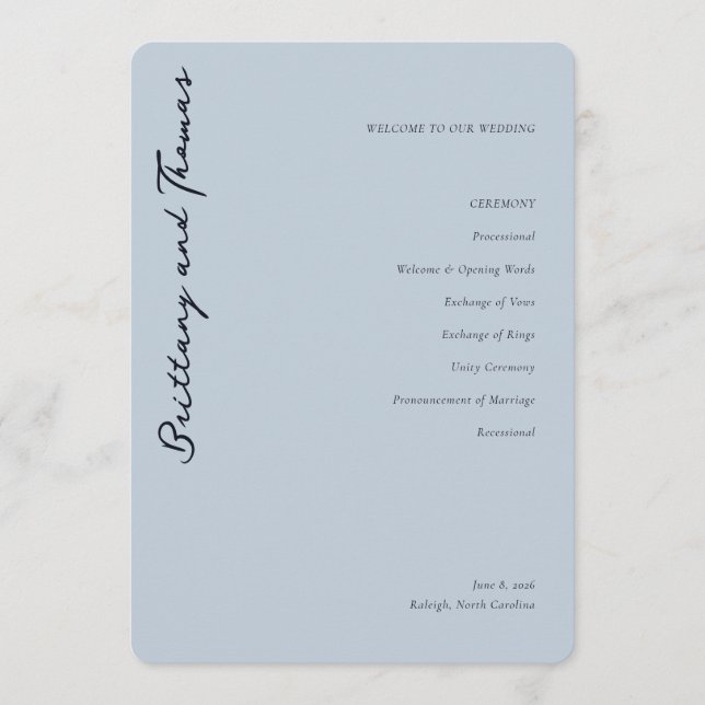 Serene Blue Wedding Ceremony Schedule Programme (Front)