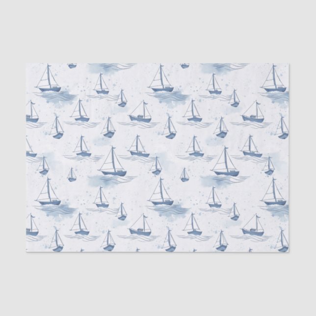 Serene Blue White Sailing Boats on Sea Pattern Tissue Paper (Front)
