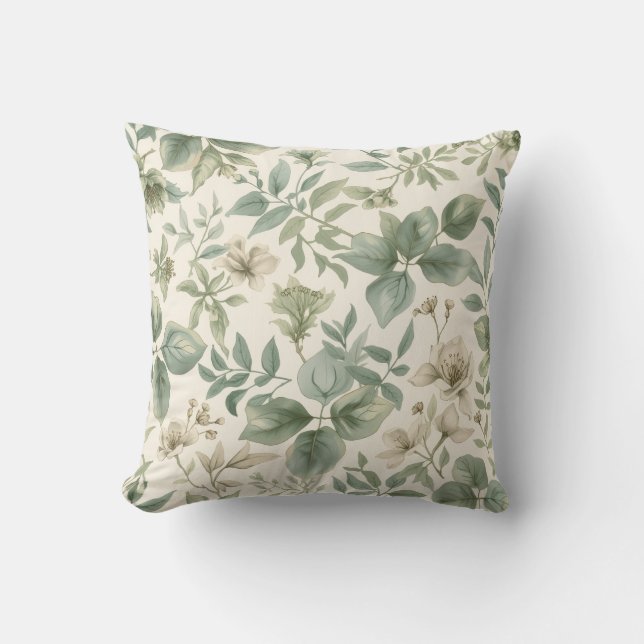 Serene Botanical Sage Green and Cream  Cushion (Front)