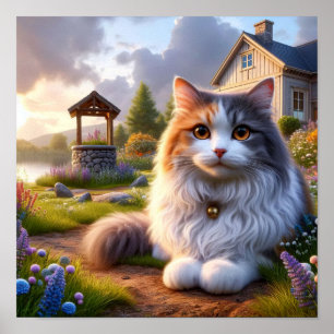 Serene Calico Cat in a Tranquil Countryside Poster