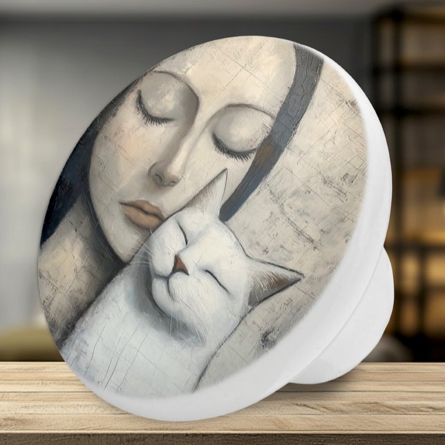 Serene Cat and Woman Neutral Ceramic Knob (Ceramic Knob - Artsy Accent for Any Room - Peaceful Woman and Her Cat )