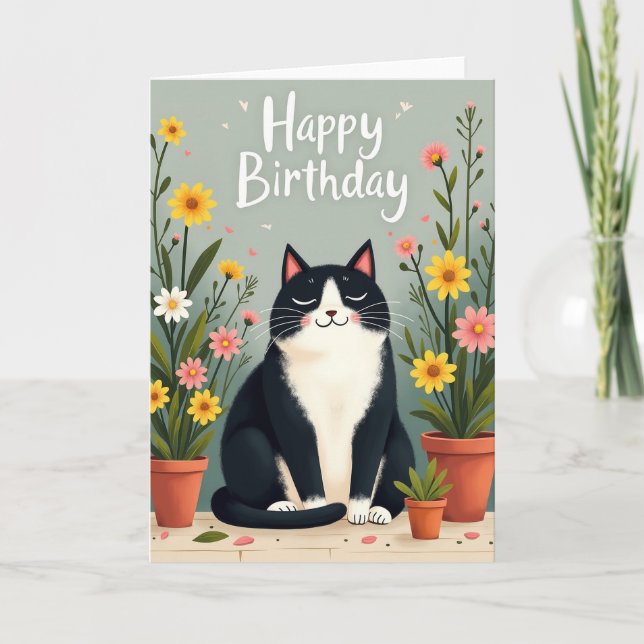 Serene Cat Floral Birthday Card (Front)