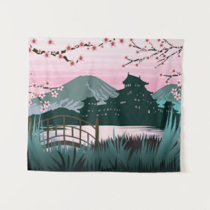 Serene Cherry Blossom Japanese Landscape Aesthetic Tapestry