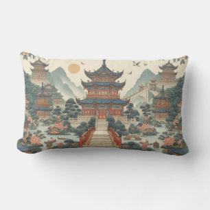 Serene Chinoiserie Pagoda Scenic Asian-Inspired Lumbar Cushion