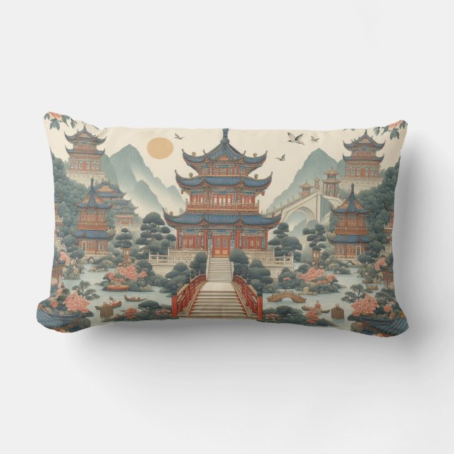 Serene Chinoiserie Pagoda Scenic Asian-Inspired Lumbar Cushion (Front)