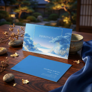 Serene Chinoiserie Winter Blue Pine Gold Frame Business Card