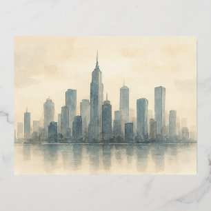 Serene Cityscape Reflection Print, Modern Skyline Foil Holiday Postcard