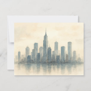 Serene Cityscape Reflection Print, Modern Skyline Postcard