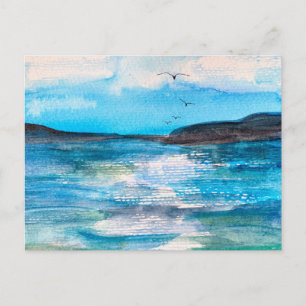 Serene Coastal Bay Watercolor Painting Holiday Postcard