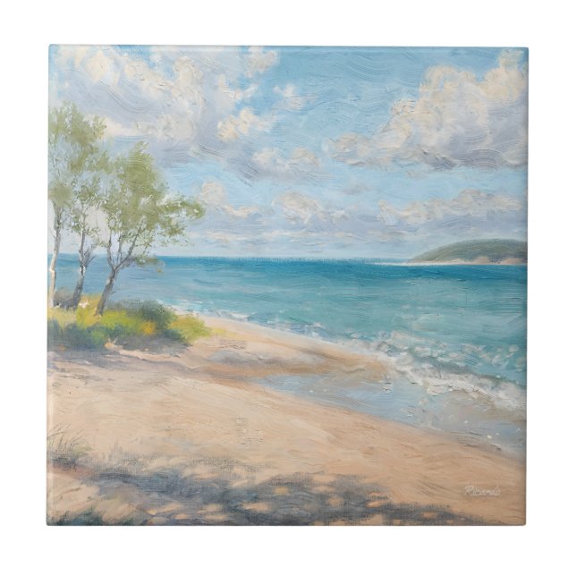 Serene Coastal Morning Impressionist Beach Art Tile (Front)