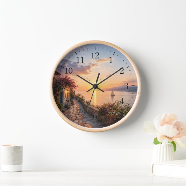 Serene Coastal Sunset Wall Clock – Mediterranean S (Home)