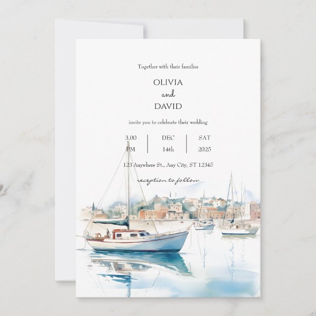 Serene Coastal Town Sailboats Harbour Beach Weddin Invitation (Front)