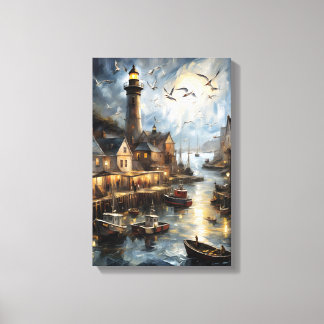 Serene Coastal Village at Dusk Nautical Harbour Ar Canvas Print
