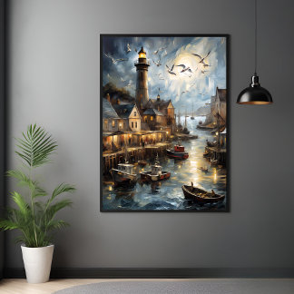 Serene Coastal Village at Dusk Nautical Harbour Ar Poster
