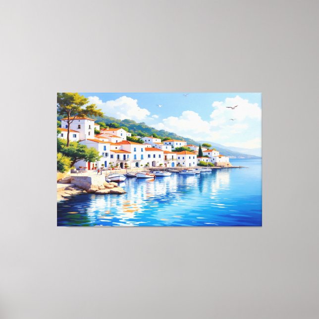Serene Coastal Village in Oil Canvas Print (Front)