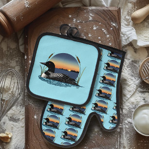 Serene Common Loon Sunset Blue Wildlife Lake Oven Mitt & Pot Holder Set