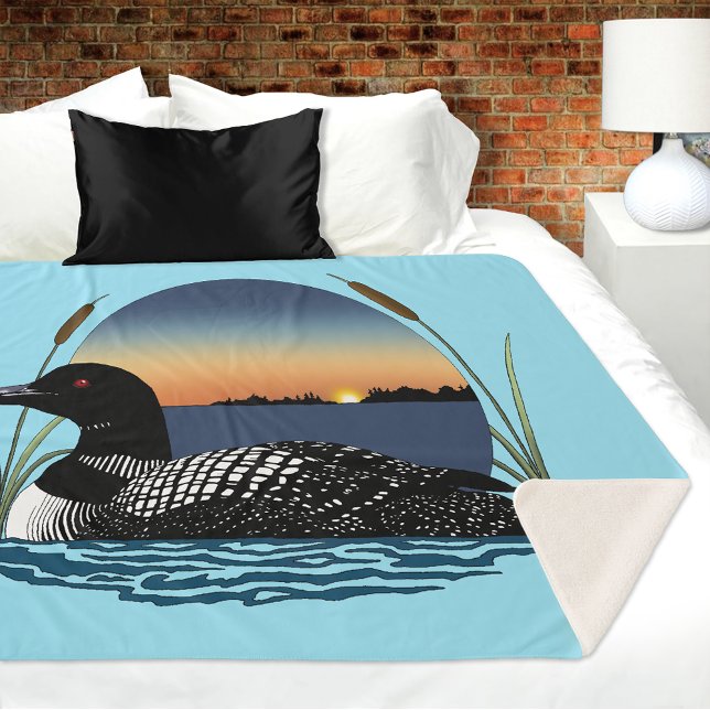 Serene Common Loon Sunset Blue Wildlife Lake Sherpa Blanket (Creator Uploaded)