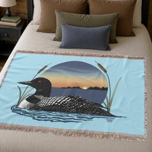Serene Common Loon Sunset Blue Wildlife Lake Throw Blanket (Creator Uploaded)