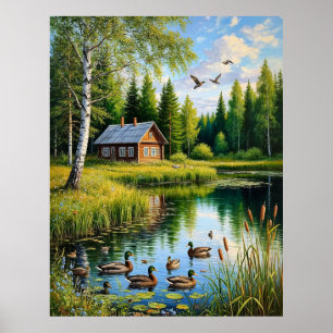 Serene Cottage by a Forest Pond with Ducks Poster