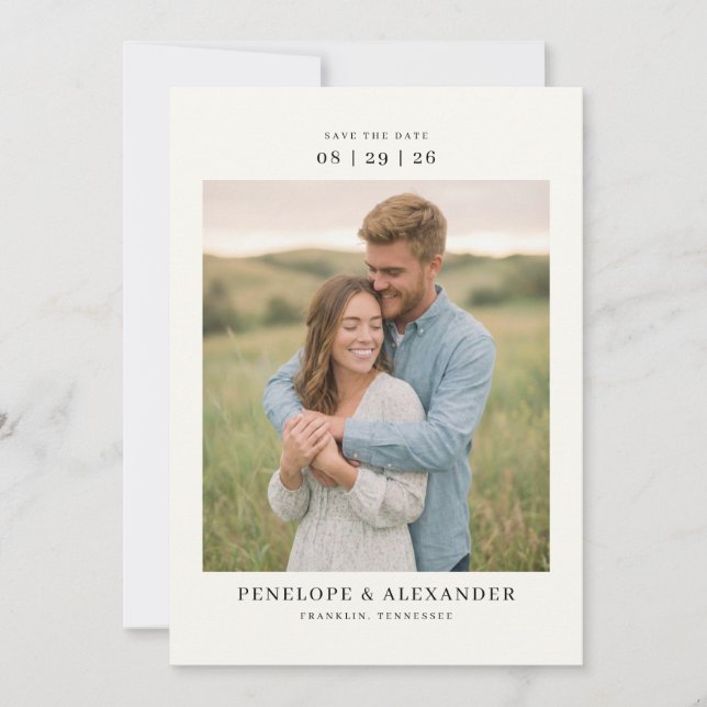 Serene Cream Rustic Photo Save The Date (Front)