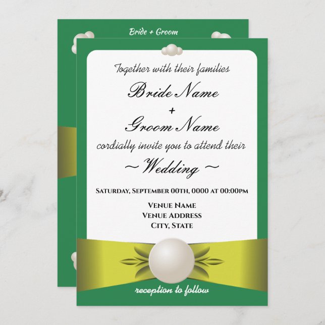 Serene Emerald & Yellow Pearl Ribbon Photo Wedding Invitation (Front/Back)