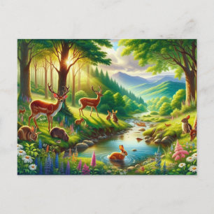 Serene Enchanted Forest with animals Painting Postcard