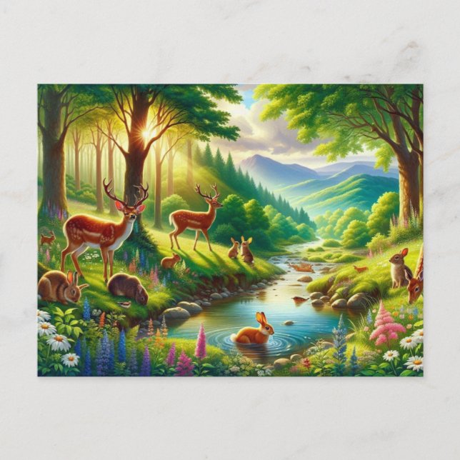 Serene Enchanted Forest with animals Painting Postcard (Front)
