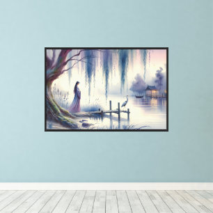 Serene Fantasy Lake with Willow and Heron Canvas Print
