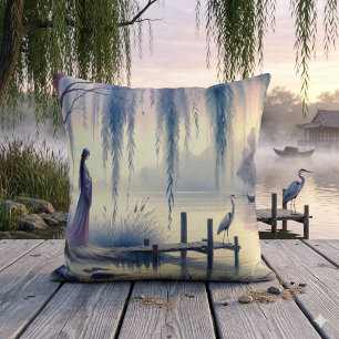 Serene Fantasy Lake with Willow and Heron Cushion