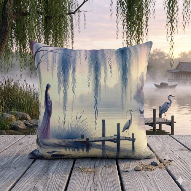 Serene Fantasy Lake with Willow and Heron Cushion (Serene Fantasy Lake with Willow and Heron Throw Pillow Mockup A)