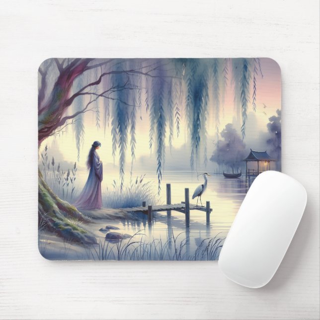 Serene Fantasy Lake with Willow and Heron Mouse Pad (With Mouse)