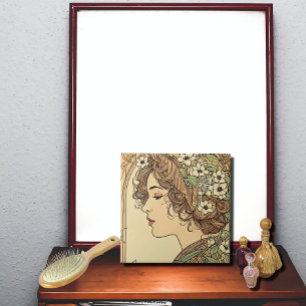 Serene Female Profile with Spring Flowers Tile