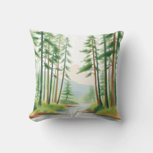 Serene Forest Landscape in Watercolor  Cushion
