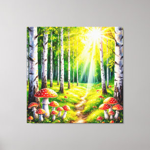 Serene Forest Pathway With Sunlit Birch Trees Canvas Print