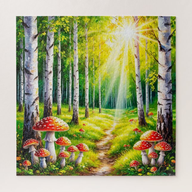 Serene Forest Pathway With Sunlit Birch Trees Jigsaw Puzzle (Vertical)