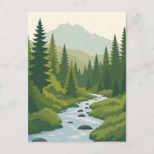 Serene Forest River and Distant Mountain Vector Ar Postcard