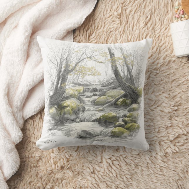 Serene Forest Stream Art Cushion (Blanket)